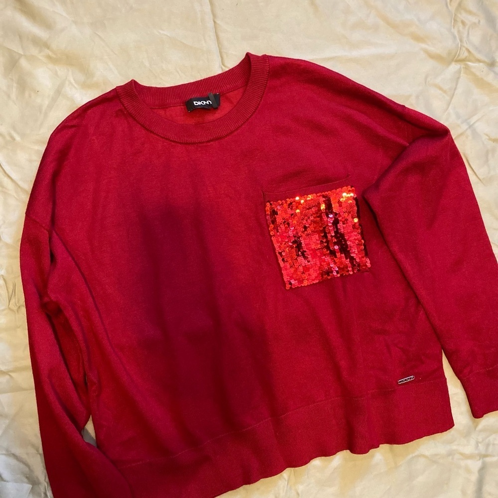 DKNY Vibrant Red Sweater with Sequin Accent - Size M - Picture 12 of 12